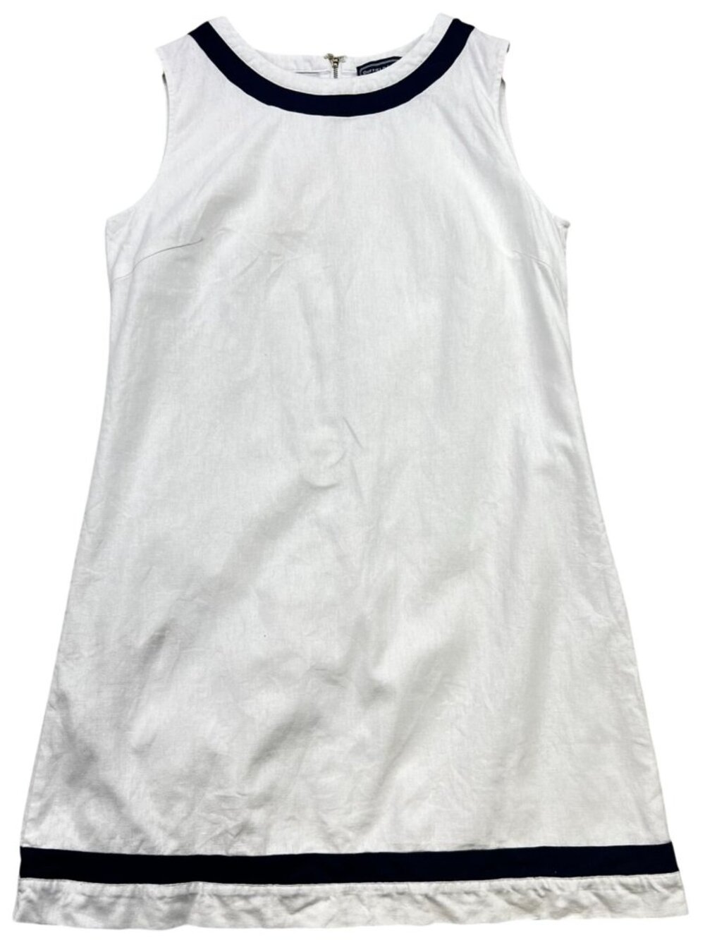 Duffield Lane Women's Linen Shift Dress Sleeveless Back Zip Sz M White Navy Trim